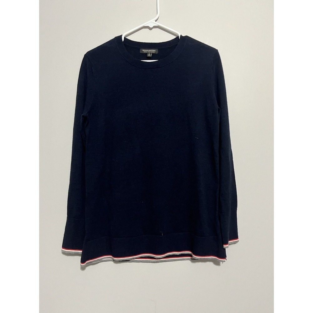 Banana Republic Extra Fine Merino Wool Navy‎ Blue W/Red Wht Stripes on Bottom S